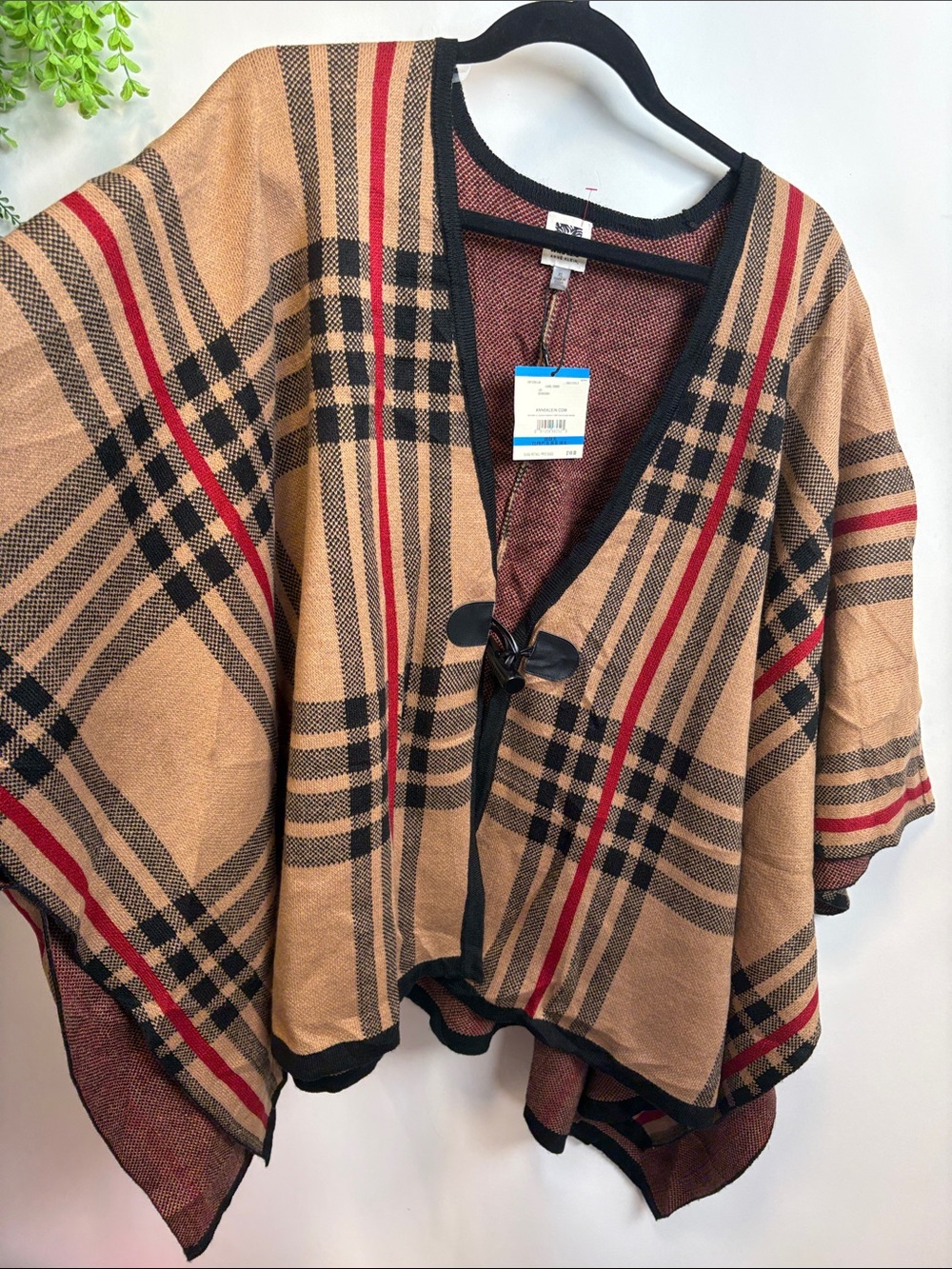 Anne Klein Camel Plaid Toggle-Front Knit Cape with Black & Red Accents